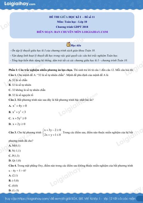 Đề thi giữa kì 1 Toán 10 Cánh diều - Đề số 11